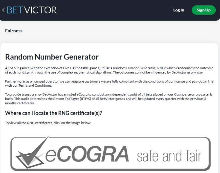 BetVictor Casino Fairness