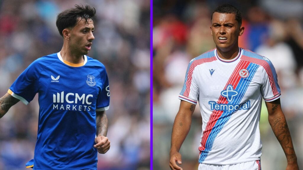 Dwight McNeil (L) and Brennan Jonhnson (R) in action for former sides Everton and Crystal Palace, respectively.