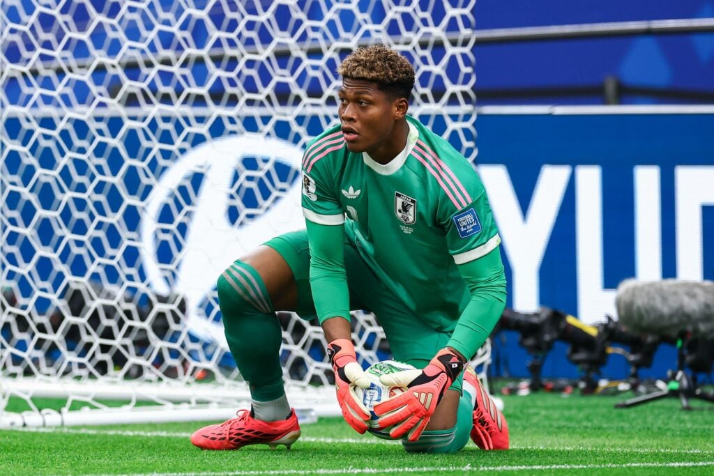 Aston Villa target Zion Suzuki claims the ball for Japan at the 2026 World Cup
