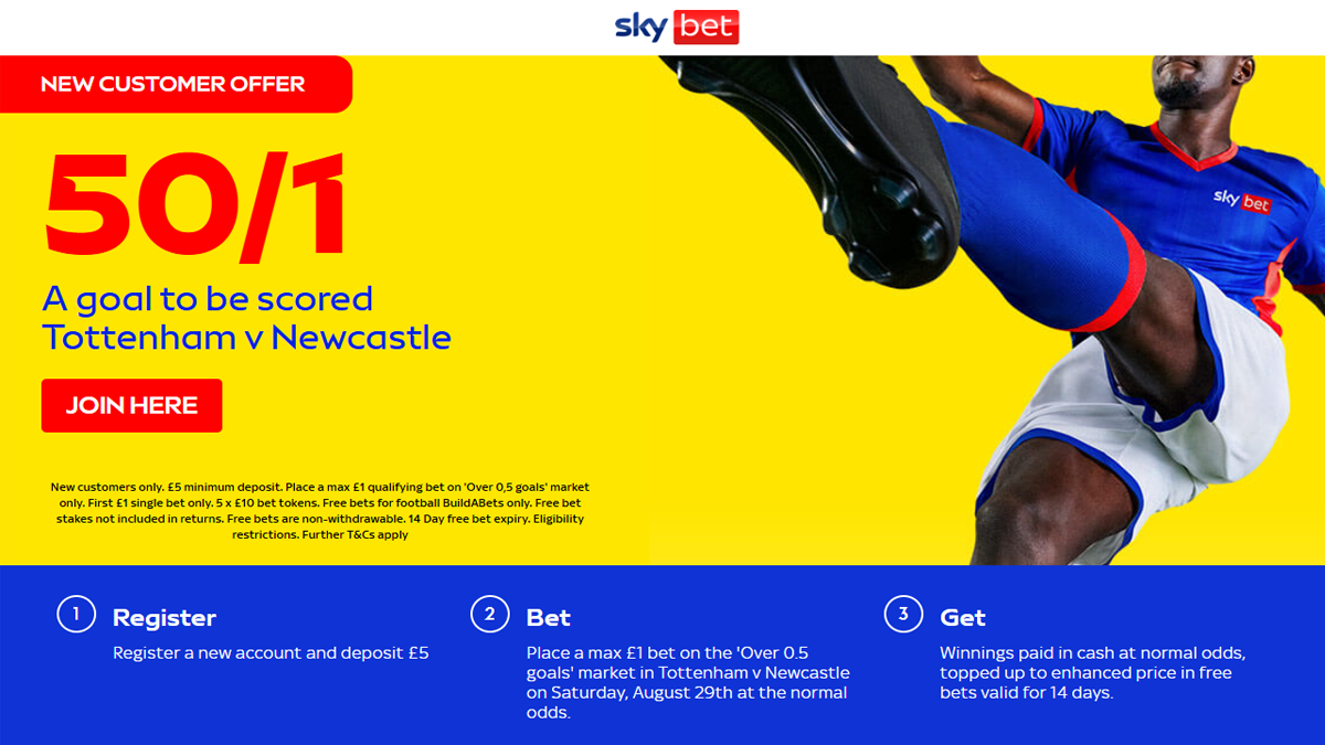 Sky Bet Tottenham vs Newcastle 50/1 a goal to be scored offer
