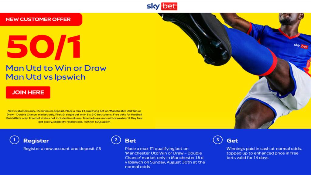 Sky Bet Man Utd vs Ipswich 50/1 to win or draw offer