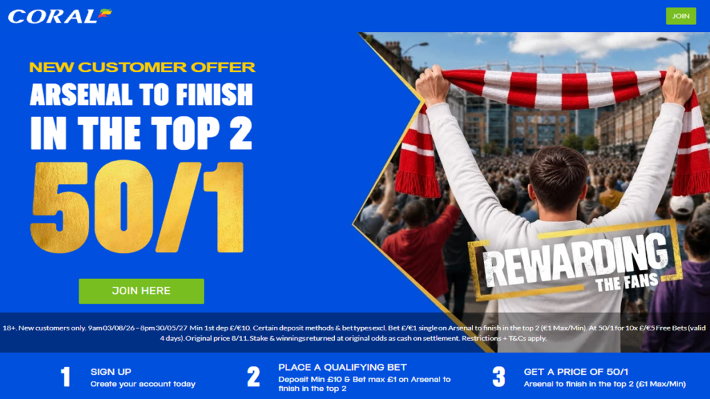 Coral Arsenal to finish in the top 2 at 50/1 new customer offer