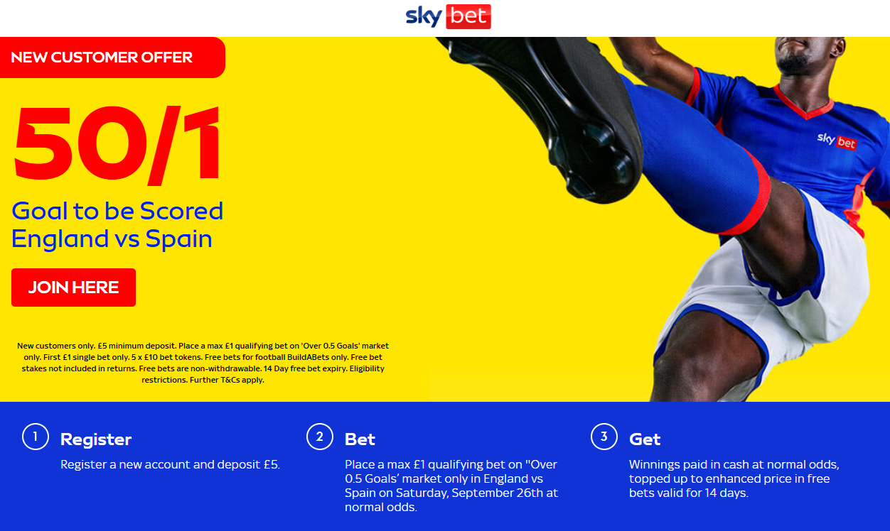 Sky Bet England vs Spain 50/1 a goal to be scored offer