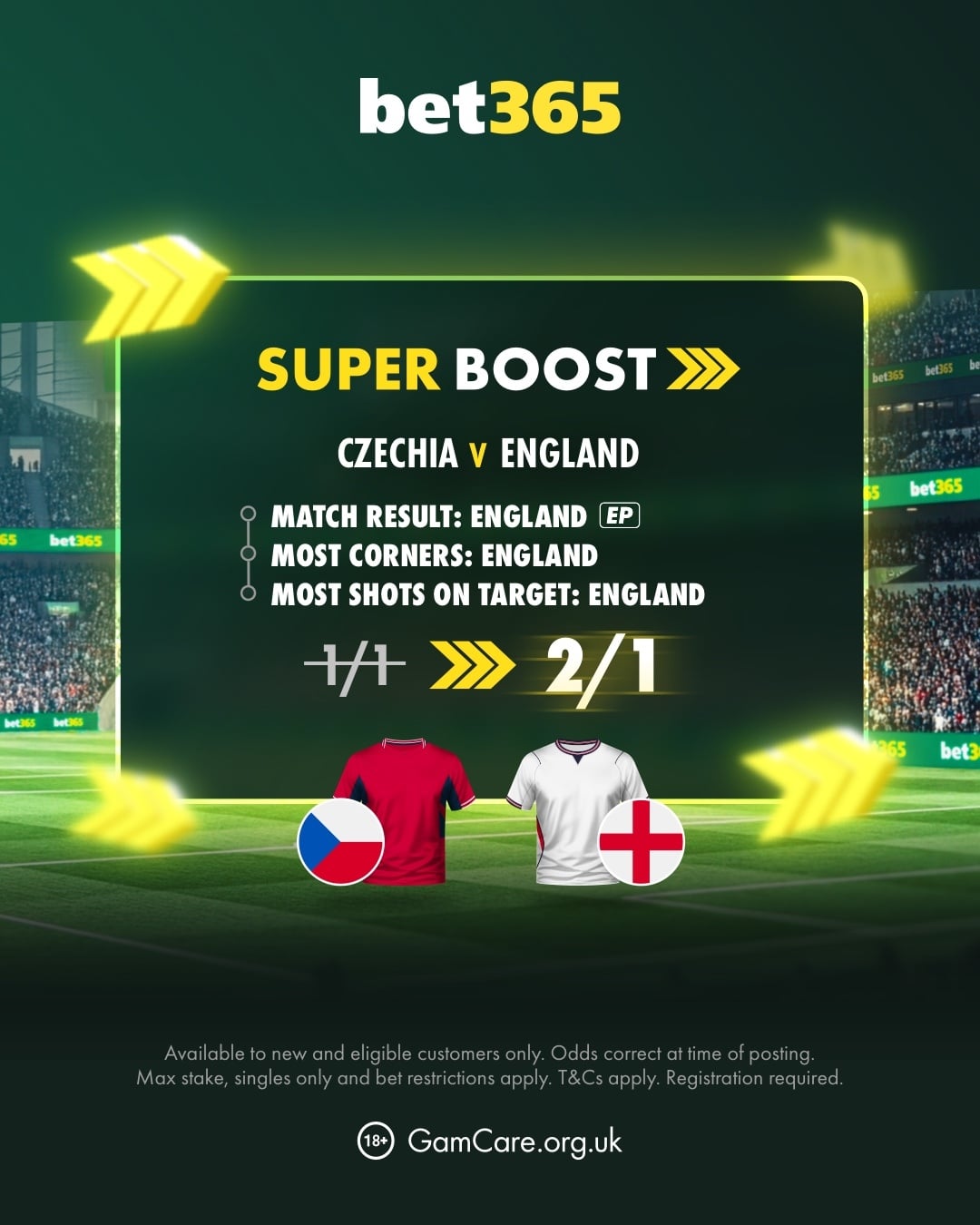bet365 Czechia vs England Super Boost boosted from 1/1 to 2/1