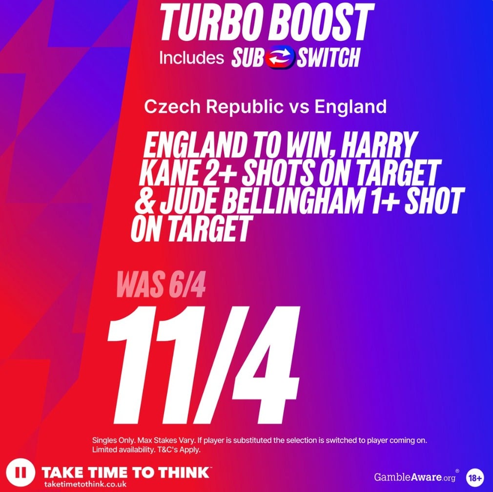 Betfred Turbo Boost England to win, Harry Kane 2+ shots on target and Jude Bellingham 1+ shot on target now 11/4