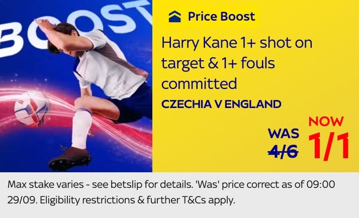 Sky Bet Price Boost Harry Kane 1+ shot on target and 1+ foul committed now 1/1