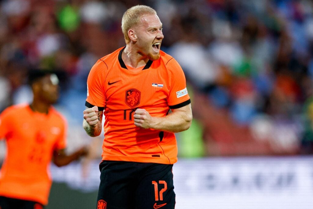 Mexx Meerdink celebrates scoring for the Netherlands against Serbia