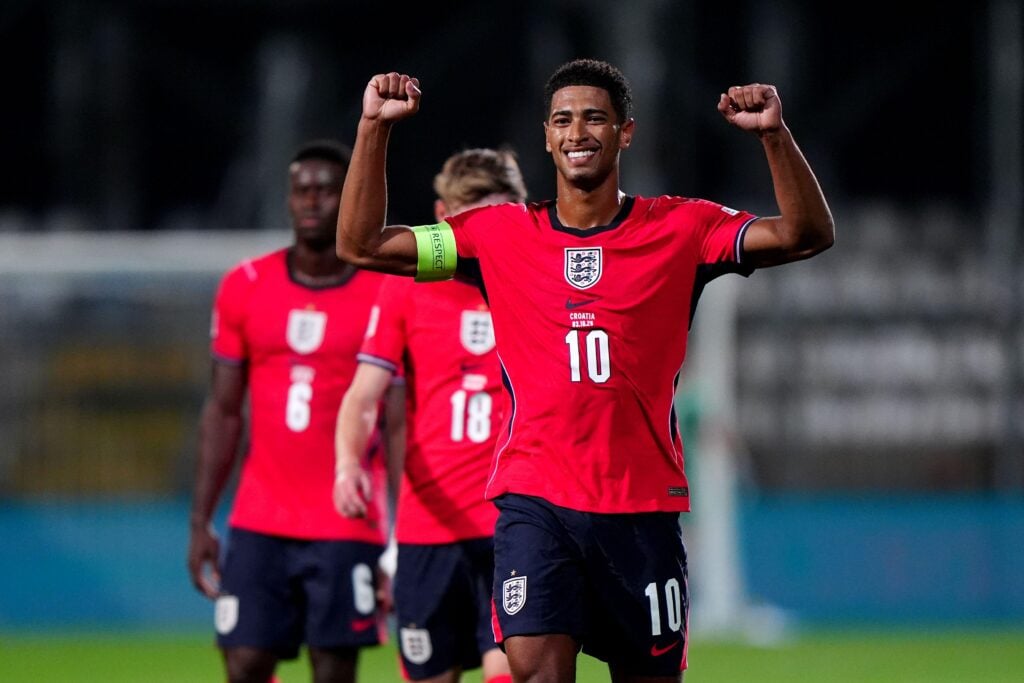 Jude Bellingham celebrates during England's 7-0 win over Croatia