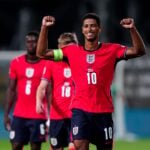 Jude Bellingham celebrates during England's 7-0 win over Croatia