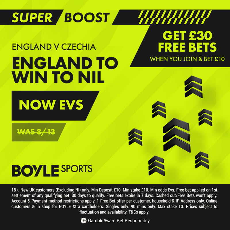 BoyleSports England vs Czechia Super Boost England to win to nil now evens