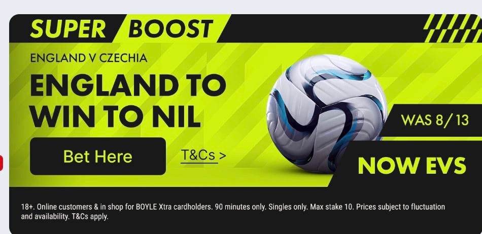 BoyleSports Super Boost England to win to nil vs Czechia was 8/13 now evens