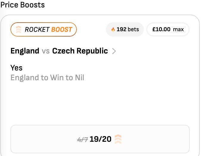 Virgin Bet Rocket Boost England to win to nil vs Czech Republic was 4/7 now 19/20