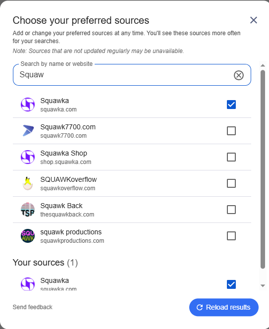 Google Choose your preferred sources panel with Squawka at squawka.com ticked and listed under Your sources