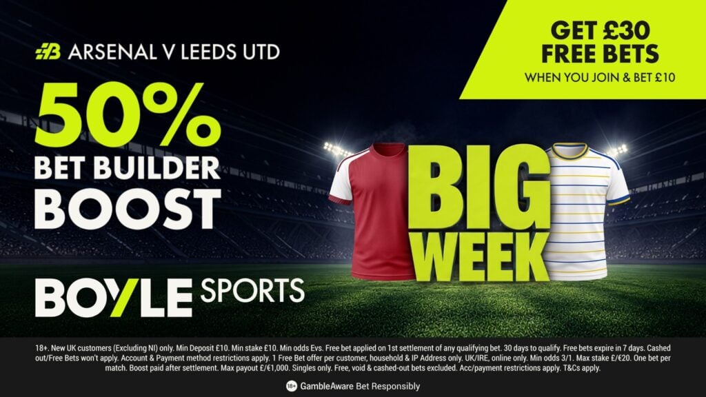 BOYLE Sports Arsenal vs Leeds offer - 50% Bet Builder Boost