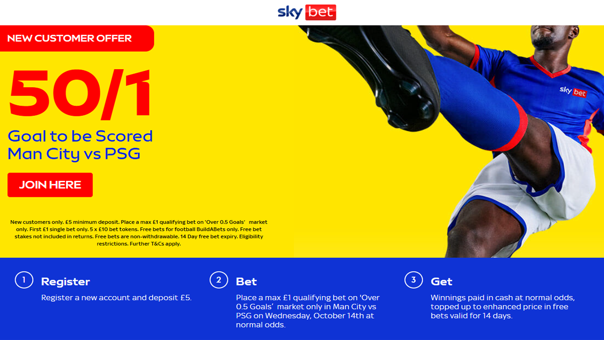 Sky Bet Man City vs PSG offer 50/1 a goal to be scored