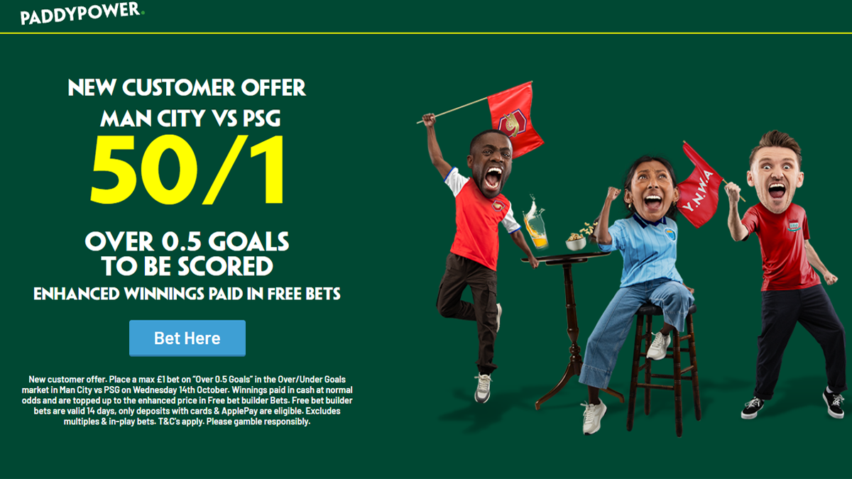 Paddy Power Man City vs PSG offer 50/1 over 0.5 goals