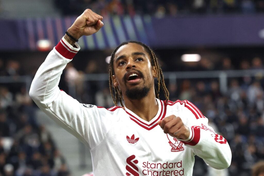 Bradley Barcola celebrates scoring during Liverpool's 6-3 Champions League win over LASK