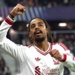 Bradley Barcola celebrates scoring during Liverpool's 6-3 Champions League win over LASK