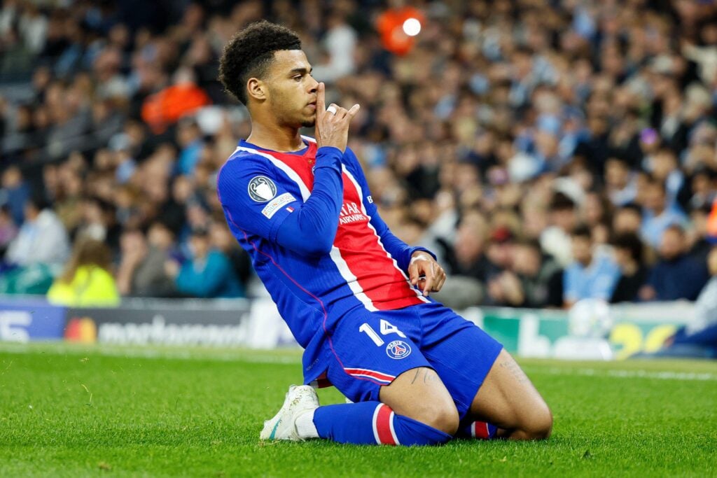PSG's Desire Doue celebrates scoring against Man City in the Champions League
