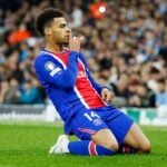 PSG's Desire Doue celebrates scoring against Man City in the Champions League