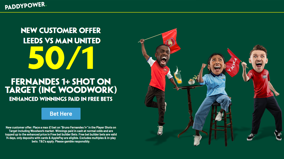 Paddy Power Leeds vs Man Utd offer 50/1 Bruno Fernandes 1+ shot on target