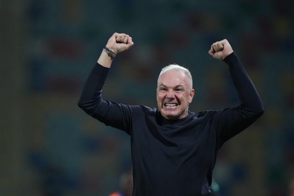 Frosinone head coach Massimiliano Alvini celebrates during their Serie A win over Sassuolo