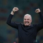 Frosinone head coach Massimiliano Alvini celebrates during their Serie A win over Sassuolo