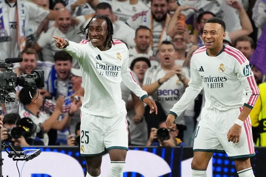 Real Madrid forward Yan Diomande celebrates in the Champions League win over RB Leipzig