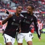 Alexander Isak and Bradley Barcola celebrate a Liverpool goal against Brentford