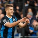 Club Brugge striker Nicolo Tresoldi celebrates scoring a goal