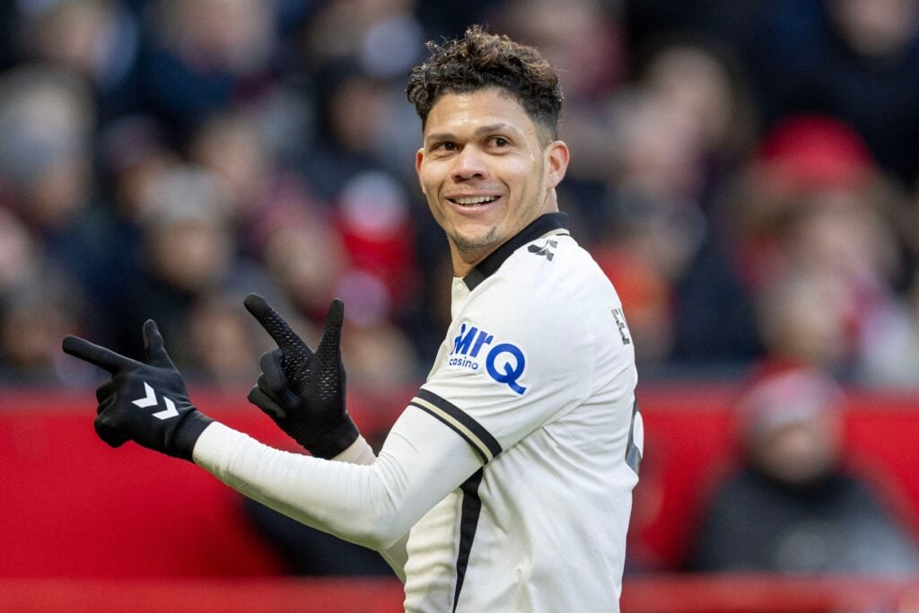 Bournemouth striker Evanilson celebrates scoring against Manchester United in the 2026/27 Premier League season