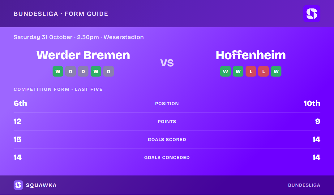 Werder Bremen vs Hoffenheim: form guide and current league standing