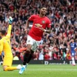 Manchester United forward Marcus Rashford celebrates scoring his second goal against Chelsea