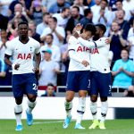 Son Heung-min celebrates scoring for Tottenham with Serge Aurier and Danny Rose