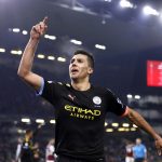 Manchester City's Rodrigo celebrates scoring his sides third goal during the Premier League match at Turf Moor, Burnley.