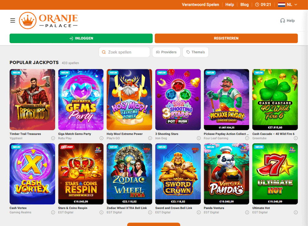 Jackpotspellen bij Oranje Palace