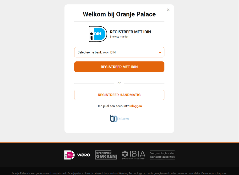 Registreren bij Oranje Palace Casino