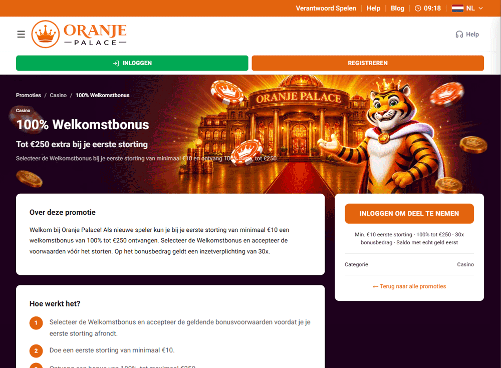 Oranje Palace welkomstbonus: 100% tot €250