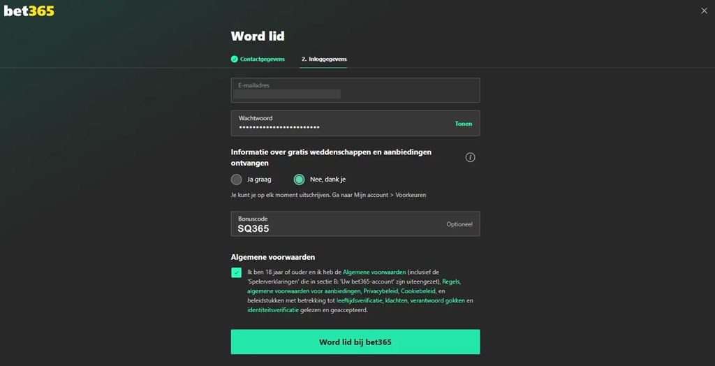 waar u bet365 bonus code moet invoeren