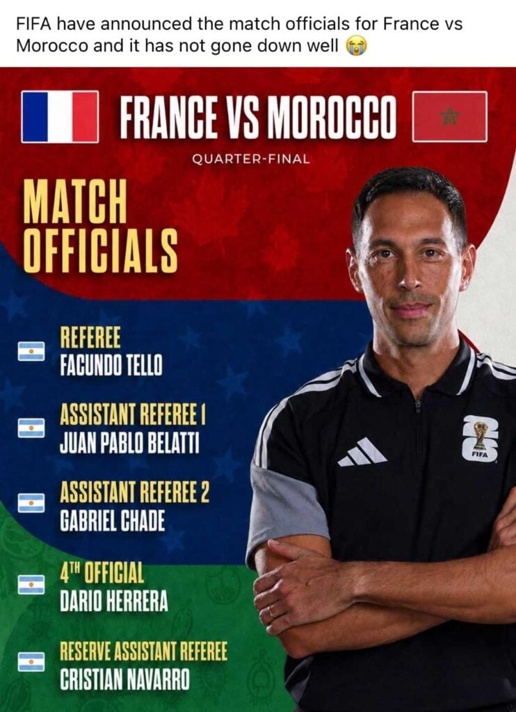 fifa scheidsrechters argentijns frankrijk marokko