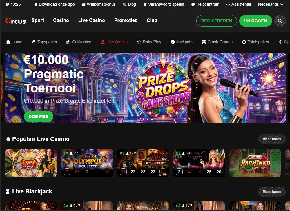 Het live casino van Circus - traditionale tafelspellen en live game shows