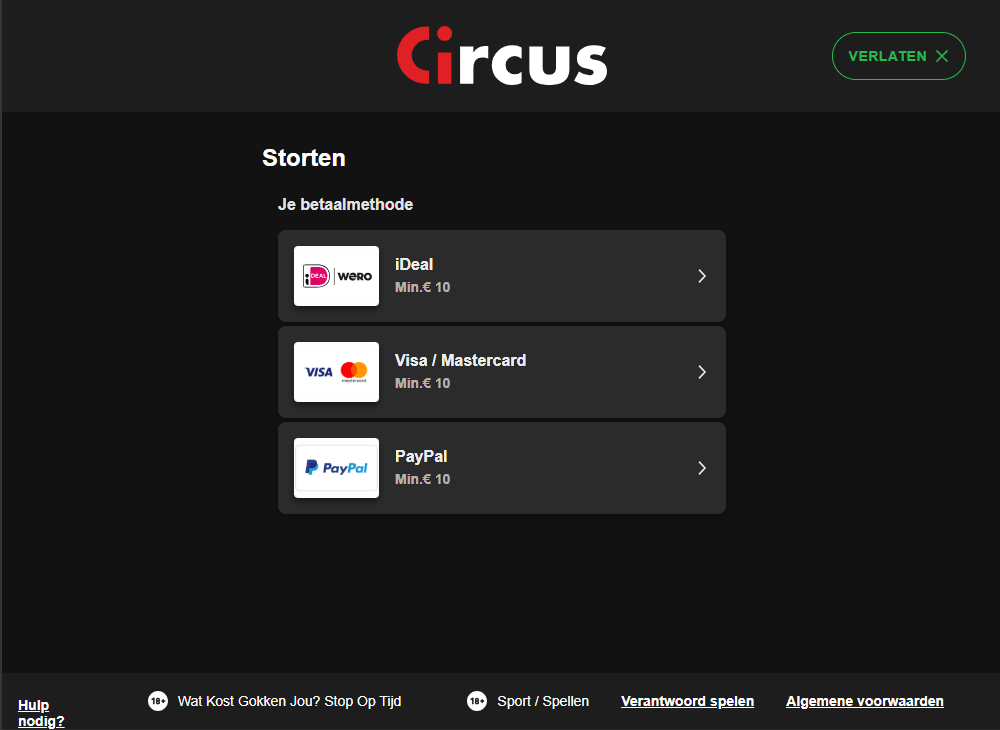 Geld storten bij Circus Casino - vanaf €10 per transactie