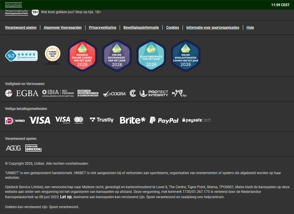 Unibet - ruim aanbod aan betaalmethode inclusief Trustly