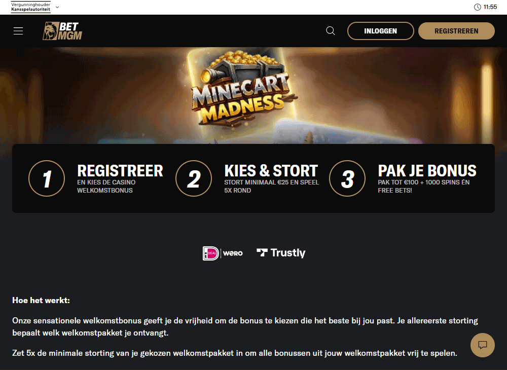 BetMGM - stort met Trustly en pak tot €100 bonus en 1000 free spins