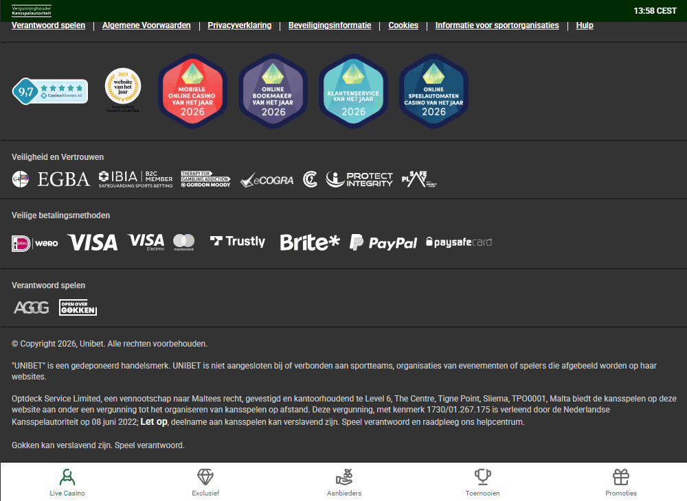 Betalen en uitbetalen bij Unibet Casino