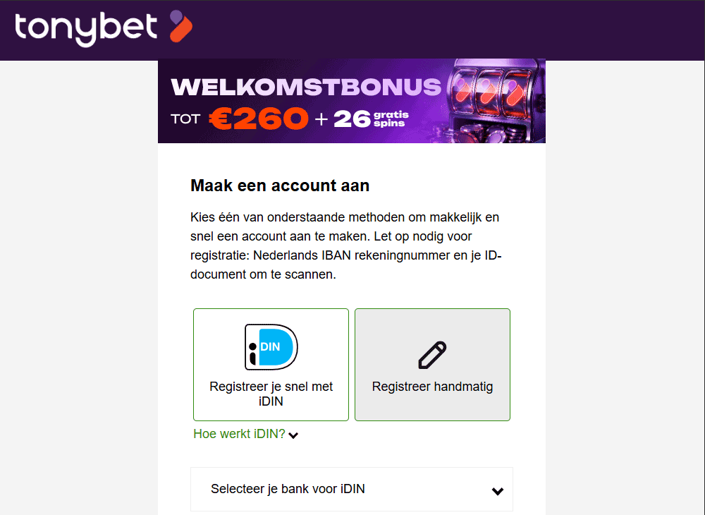 Registreren bij TonyBet Casino