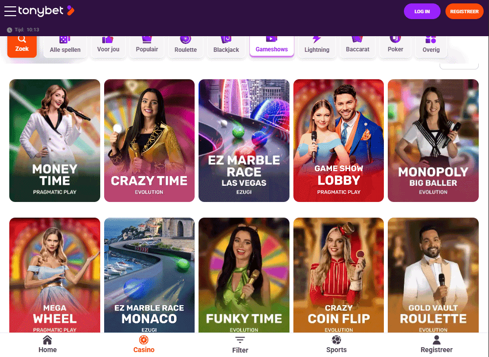 Tonybet live casino - Game shows zijn ruim vertegenwoordigd
