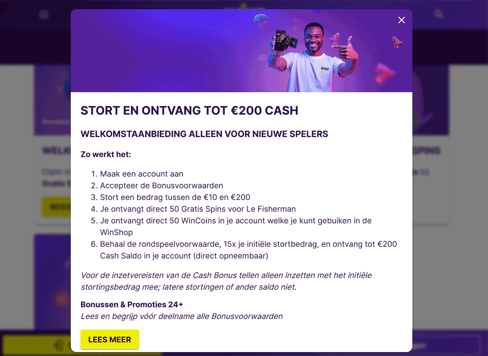 Optie 1: 100% tot €200 cash, 50 free spins en 50 WinCoins