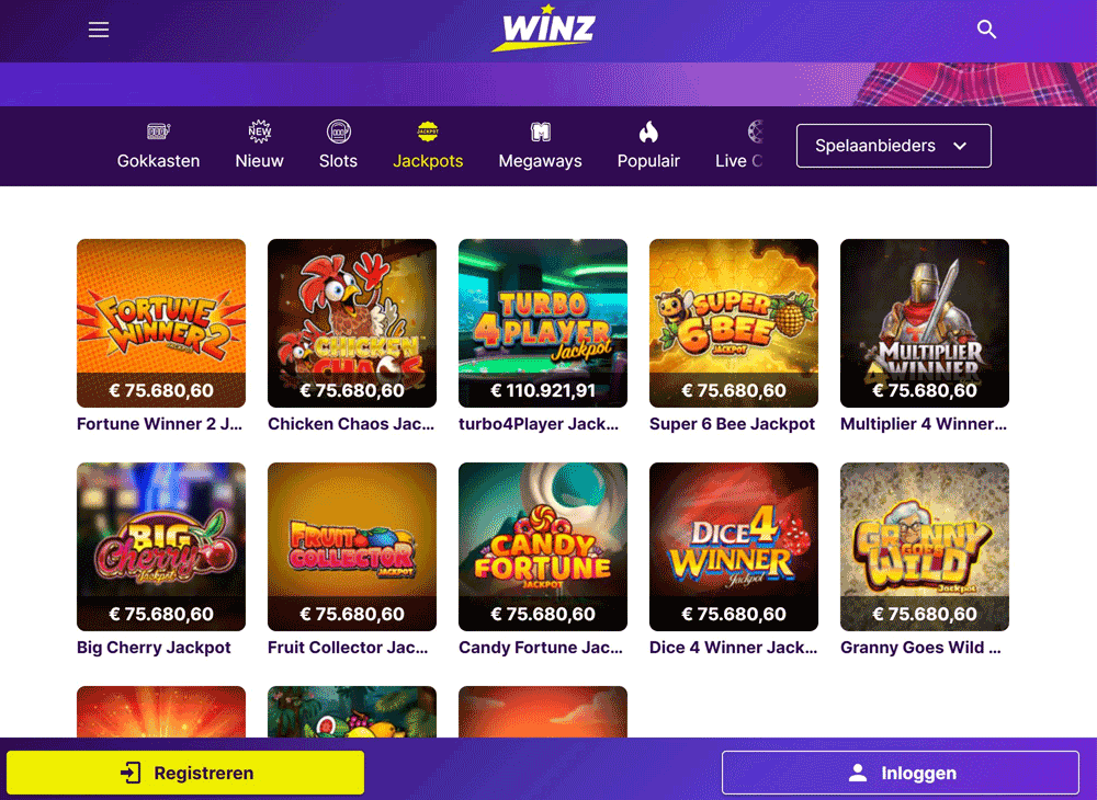 Jackpotspellen zijn er, maar geen reden om speciaal voor Winz te kiezen