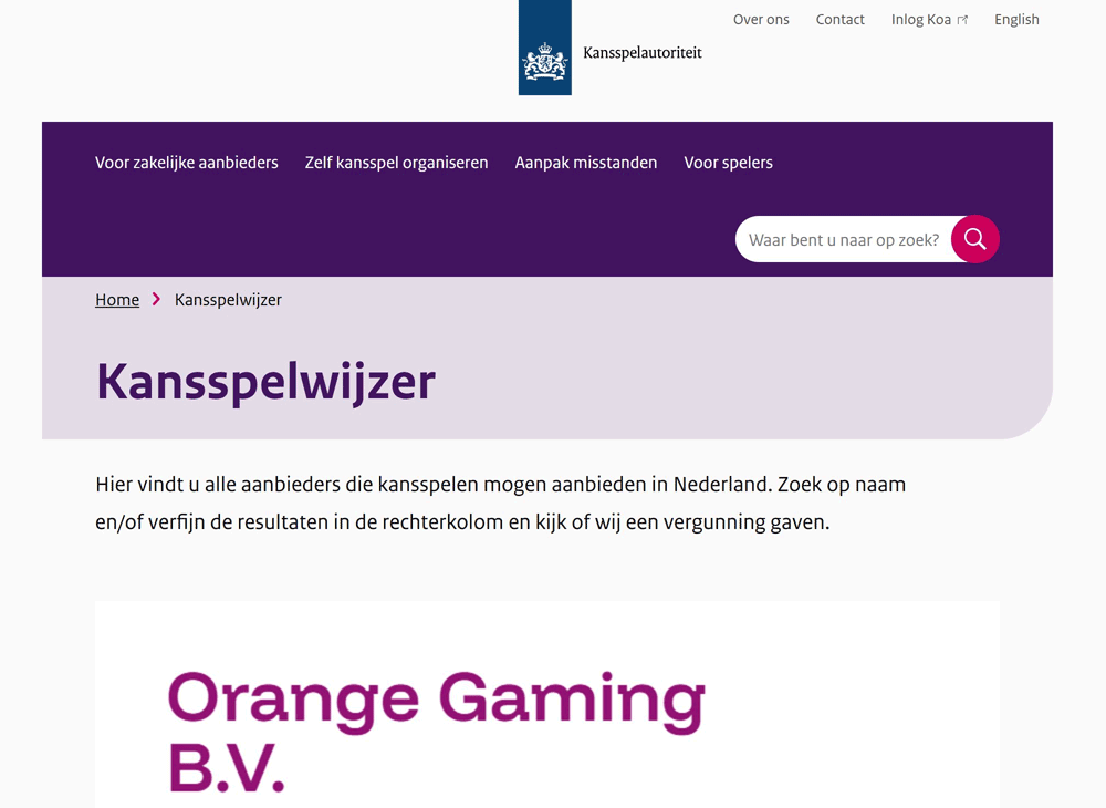 KSA-vergunning Orange Gaming B.V. - het bedrijf achter Winz Casino
